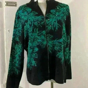 Sioni Black Green Full Zip Sweater Beaded embellished Sz L Whimsigoth Grunge